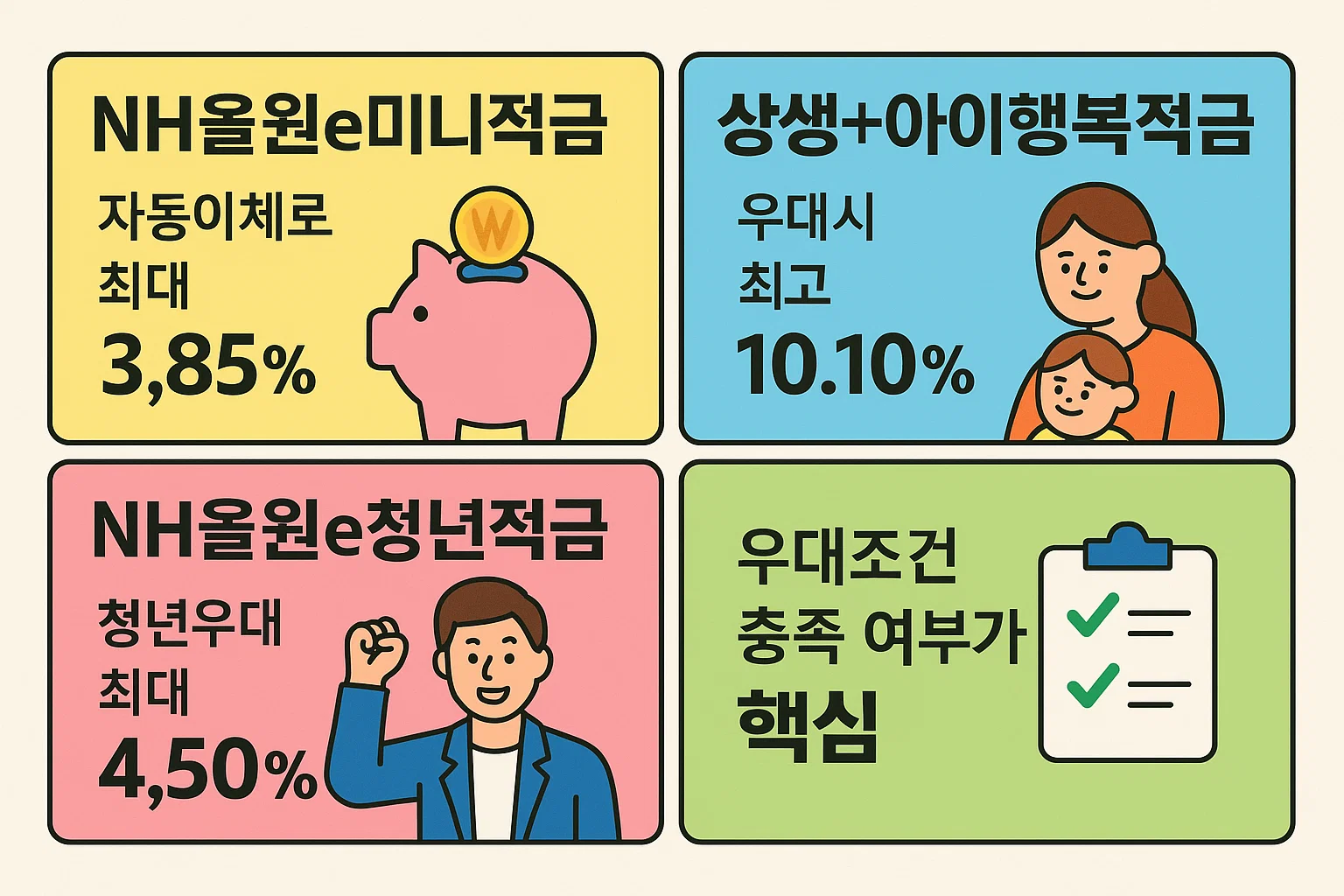 NH올원e미니적금, 상생&middot;아이행복적금, 청년적금의 우대금리 조건과 최대 이율을 비교한 2025년 기준 인포그래픽