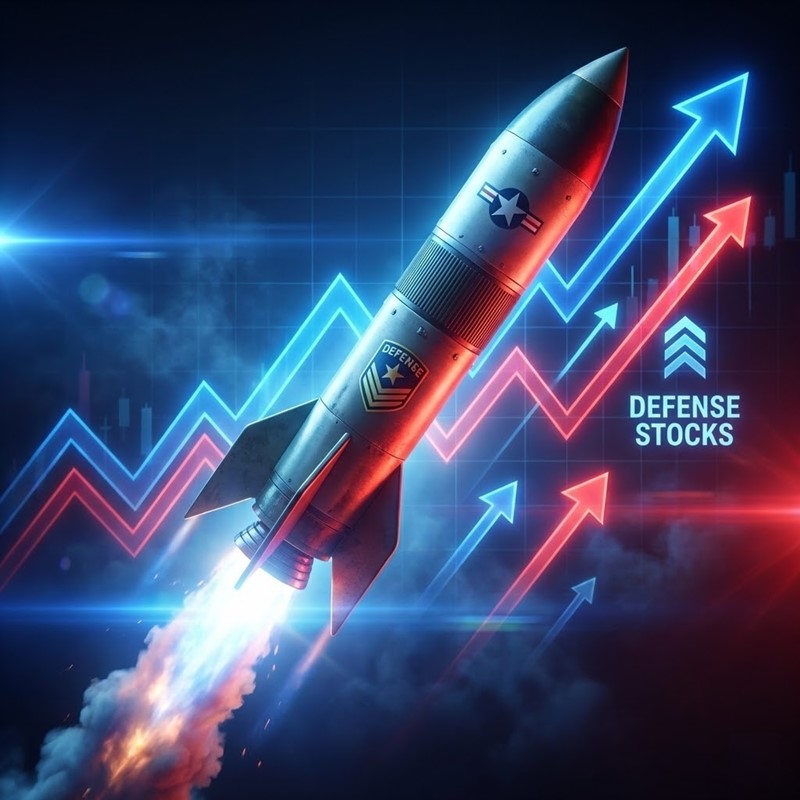 상승하는 그래프와 로켓 이미지가 결합된 방산주 급등 3D 렌더링