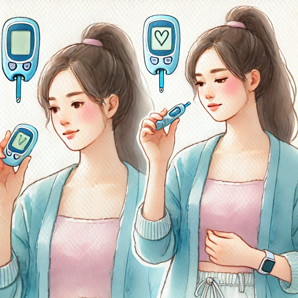 혈당을 체크하는 건강한 여성 (당뇨 예방과 혈당 관리 체크)