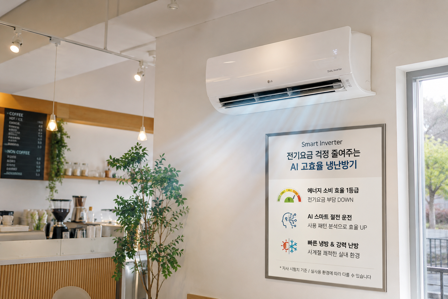 한국의 작은 카페 내부에 최신형 벽걸이 에어컨이 설치된 모습, 밝고 깔끔한 분위기의 고효율 냉난방기 이미지, 전기요금 절감 느낌의 현실적인 카페 인테리어