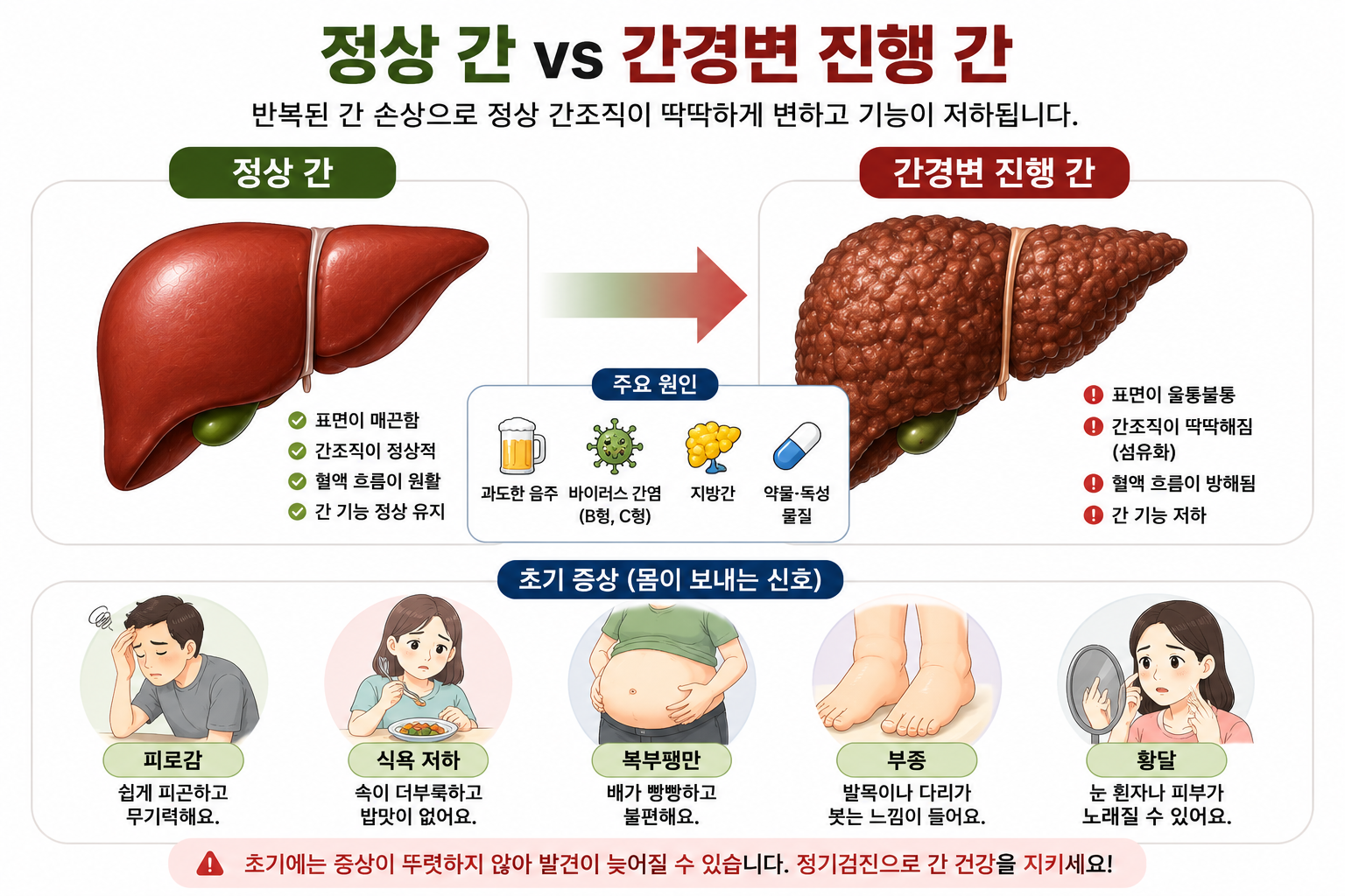 간경변 진행 과정과 정상 간 차이를 설명하는 간질환 비교 이미지