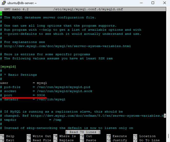 리눅스에서 MySQL의 설정 파일을 이용하여 포트번호를 확인하는 예시