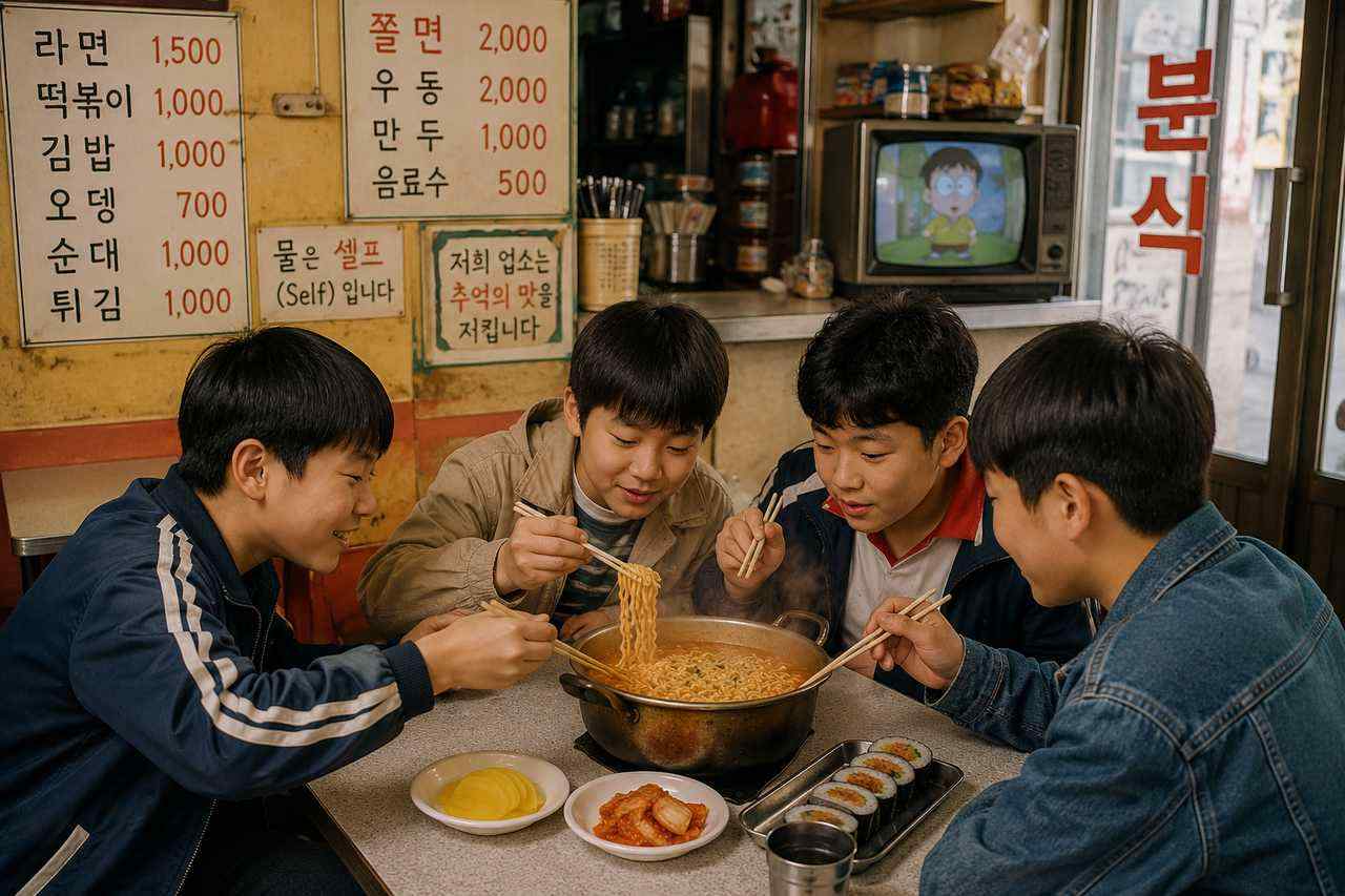 오래된 분식집에서 여러 친구가 한 냄비의 라면과 김밥을 함께 먹는 모습