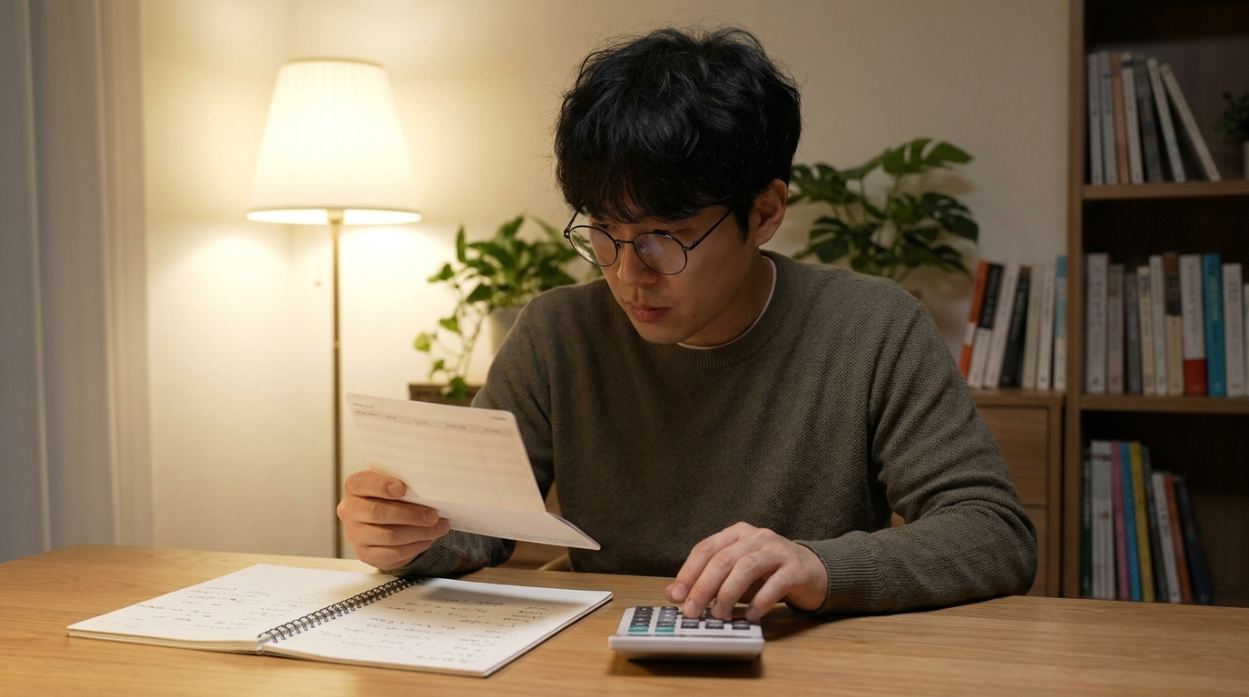 적금 통장과 계산기를 보는 손
