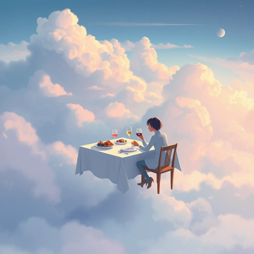 구름 위에서 식사를 하고 있는 사람
