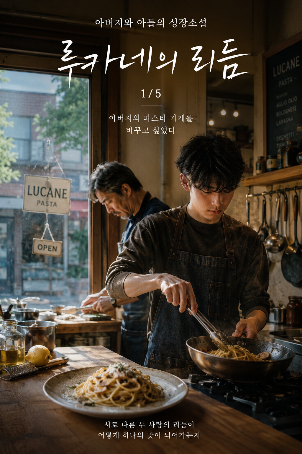 A teenage son cooks pasta in the foreground of a small, warmly lit family restaurant while his father works quietly behind him. The image represents &ldquo;Lucane&rsquo;s Rhythm&rdquo; Part 1, a coming-of-age story about a son trying to change his father&rsquo;s old pasta shop and gradually finding his own place in the kitchen.