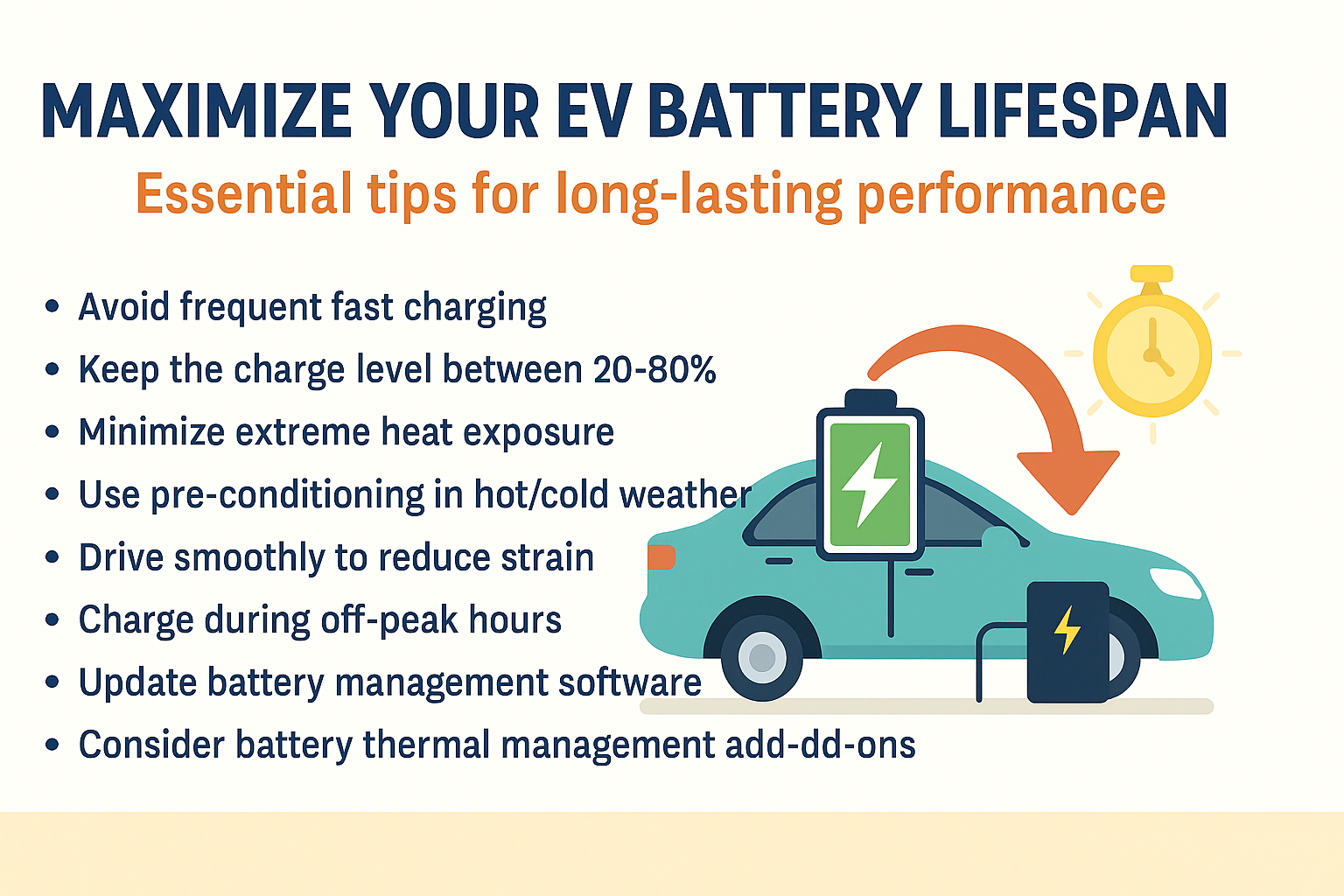 전기차 배터리 수명 늘리는 방법을 시각적으로 보여주는 인포그래픽, 배터리 관리 팁과 아이콘이 함께 배치된 이미지"

이미지 설명: