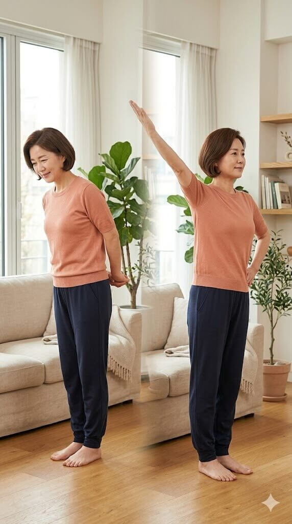 어깨통증을 완화하기 위해 스트레칭 중인 중년 여성의 모습