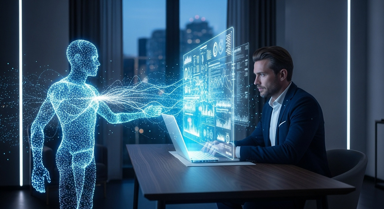 세련되고 미니멀한 서재. 홀로그램으로 투사된 3D AI 비서 에이전트(사람의 형상이 아닌 빛의 입자 형태)가 노트북을 바라보는 전문직 남성에게 중요 데이터를 전달하는 모습. 미래 기술과 개인적인 공간의 조화, 신뢰감을 주는 푸른색 계열 조명. 초고화질, 미래적, 시네마틱 앵글.