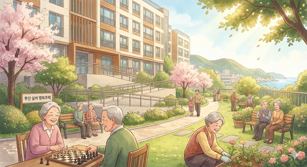 부산 공공 실버 임대주택 전경과 행복하게 웃고 있는 노인들의 모습 일러스트