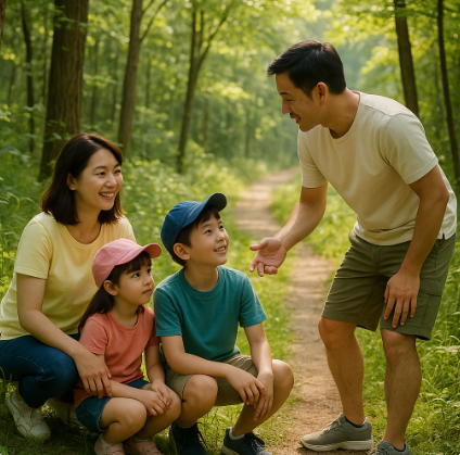 강원도 산속에서 산행을 하며 아버지가 무언가 설명해주는 모습
