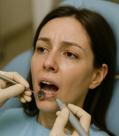 치과에서 스케일링을 받는 여성 사진