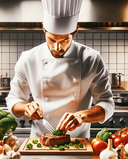 주방에서 하얀색 요리사 옷을 입은 남자 백인 요리사가 스테이크가 담긴 접시에 세팅중이다.