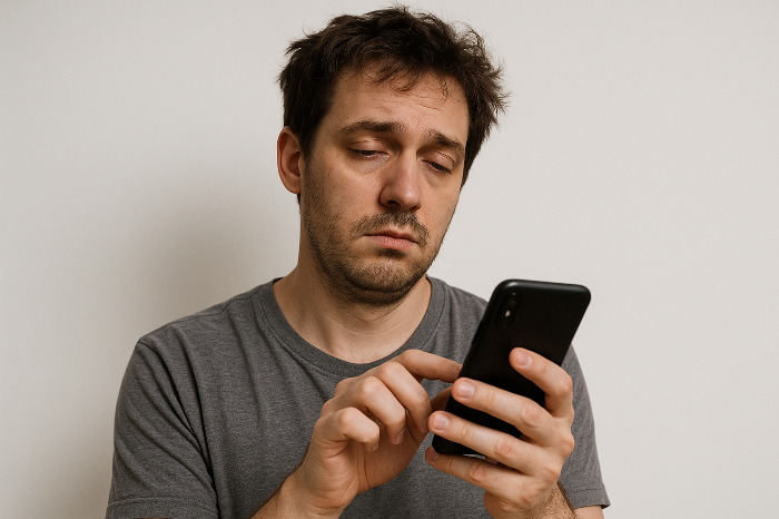 피곤한 눈으로 스마트폰을 보는 사람