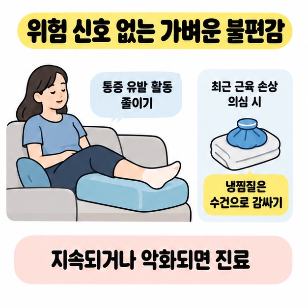 위험 신호 없는 가벼운 불편감에서 다리를 받치고 활동을 줄이며 최근 근육 손상이 의심되면 수건으로 감싼 냉찜질팩을 사용하고 지속되거나 악화되면 진료받으라는 안내