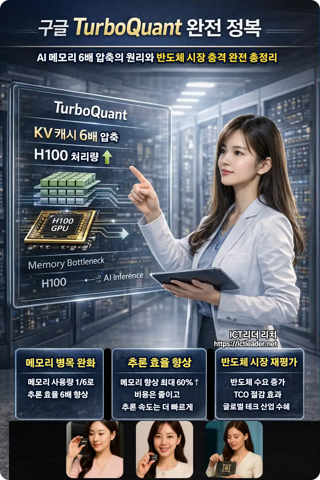 구글 TurboQuant 기술 기반 AI 메모리 6배 압축 구조와 KV 캐시 최적화를 설명하는 반도체 데이터센터 실사형 인포그래픽 이미지