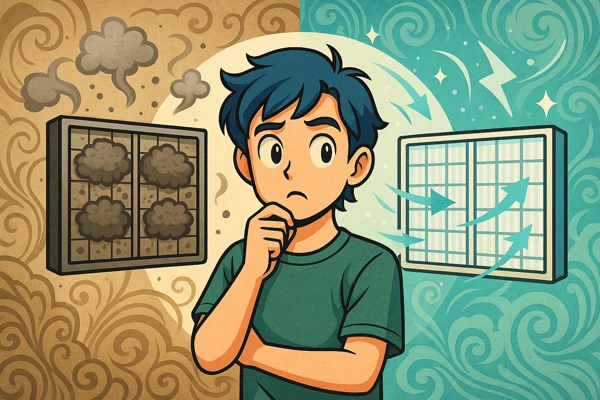 더러운 에어컨 필터와 깨끗한 필터를 나란히 비교하며 실내 공기의 질을 강조한 일러스트, 뿌연 먼지와 맑은 공기 흐름이 대비되는 상징적 장면