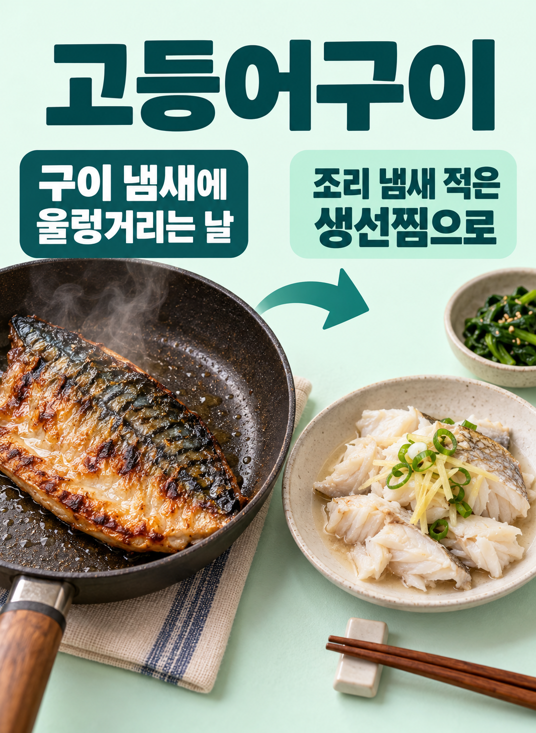 고등어구이 실사 비교. 식사를 막는 것: 생선을 굽는 과정의 냄새; 바꾼 준비: 담백한 생선찜·먹기 편한 온도