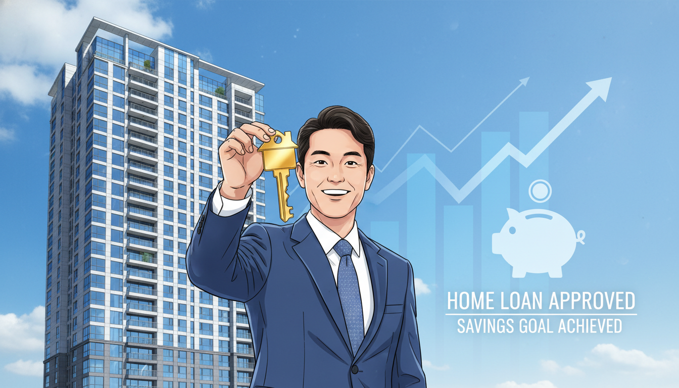 송도 현대식 아파트 배경 앞에서 주택 열쇠를 들고 환하게 웃고 있는 남성과 부동산 금융 성장을 상징하는 일러스트