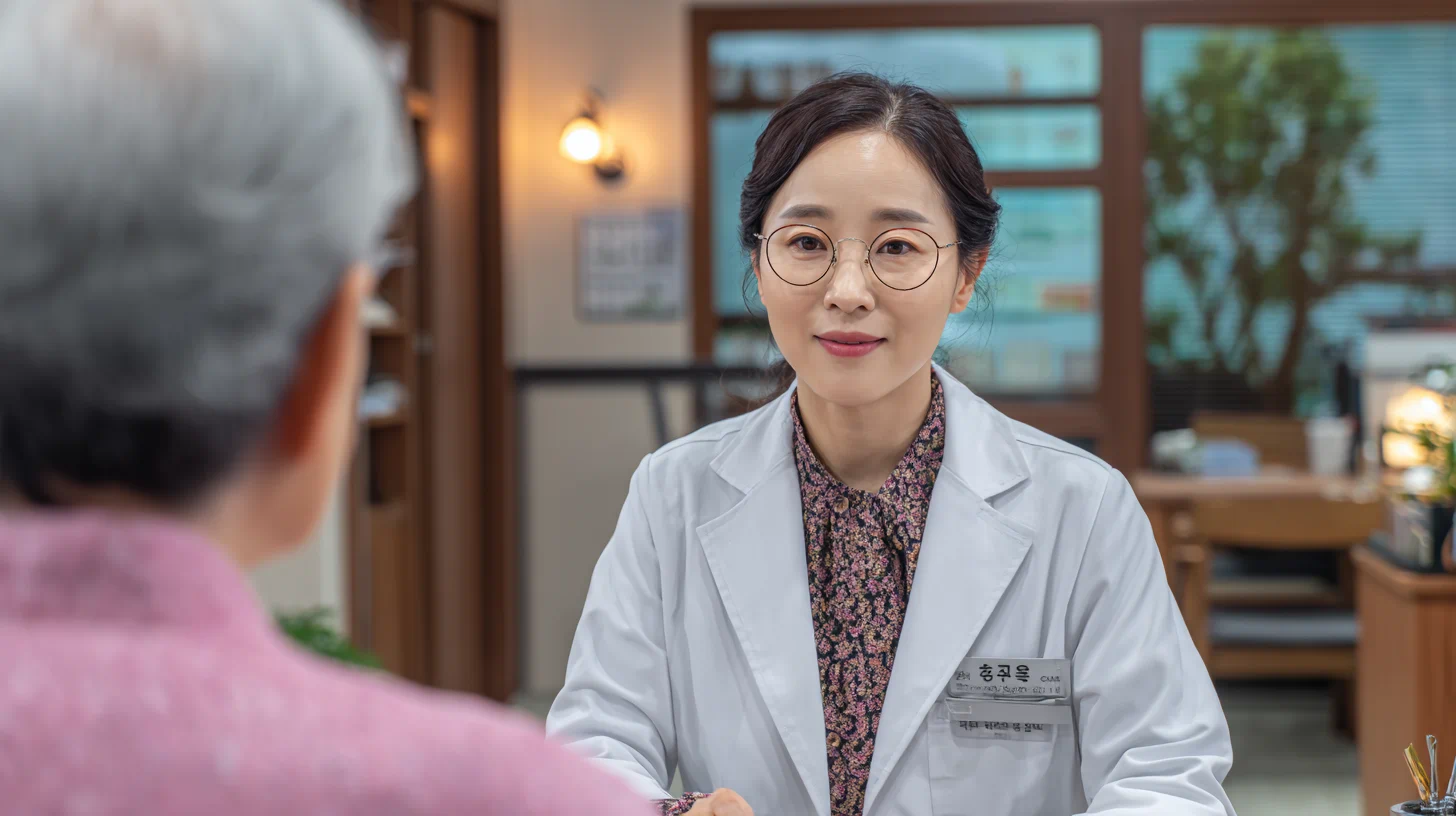 의사가 약 설명하는 장면, 노년 환자 상담, 병원 진료실, 현실적인 의료 사진