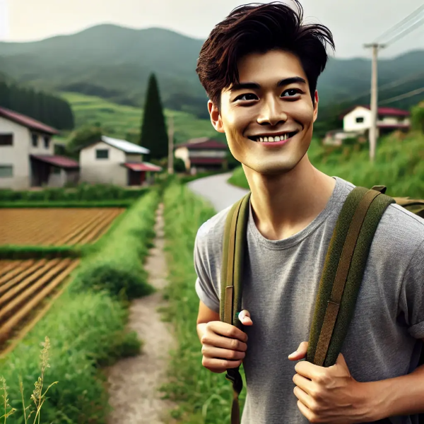 농촌 마을 길을 걷는 청년의 여유롭고 자신감 있는 모습