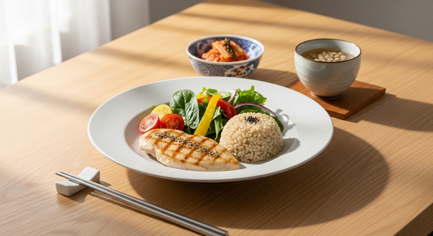 단식 후 식사 시간에 섭취할 건강한 닭가슴살, 현미밥, 채소로 구성된 균형 잡힌 식단.