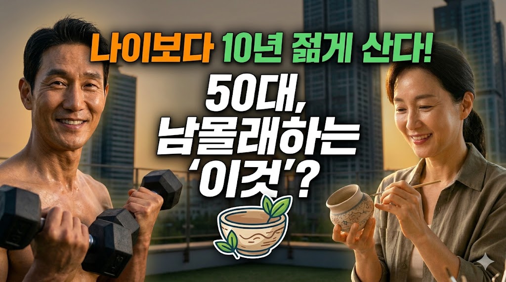 나이보다 10년 젊게 산다!"라는 문구와 함께 덤벨 운동을 하는 50대 남성과 도자기를 빚는 50대 여성이 함께 웃고 있는 동안 비결 블로그 썸네일 이미지