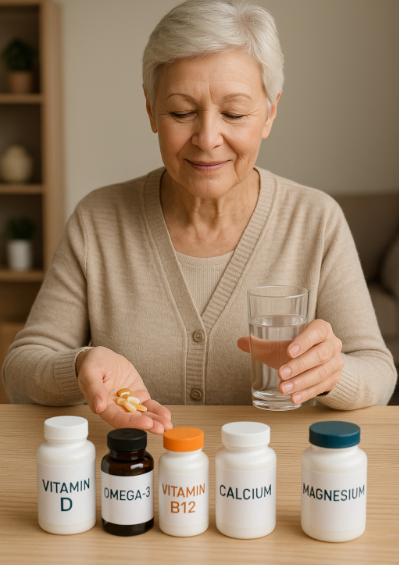 5가지 영양제를 챙기고 있는 백발의 시니어