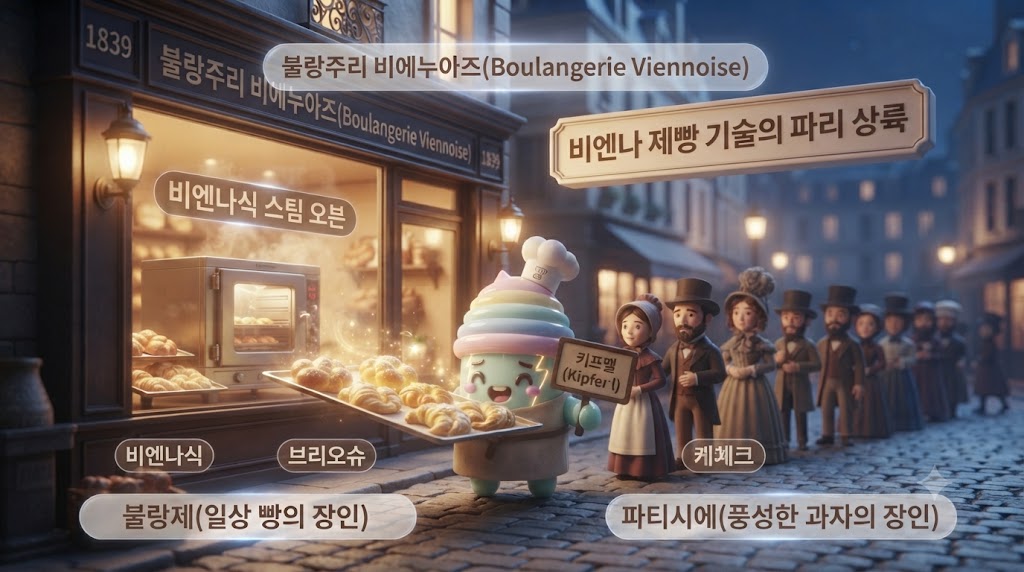 1839년 파리 리슐리외 가의 활기찬 밤거리, 오스트리아 제빵사 아우구스트 잔크가 연 '불랑주리 비에누아즈(Boulangerie Viennoise)' 앞에 긴 행렬이 늘어서 있습니다. 3D 쫀쿠가게 안에서 비엔나식 스팀 오븐으로 갓 구워낸, 파리 사람들이 처음 보는 황금빛의 부드러운 빵들을 흥분하며 나눠주고 있습니다. 가게 간판에는 '비엔나 스팀 오븐 도입'이라고 적혀 있고, 파리 시민들이 감탄하며 키프펠을 맛보고 있습니다.