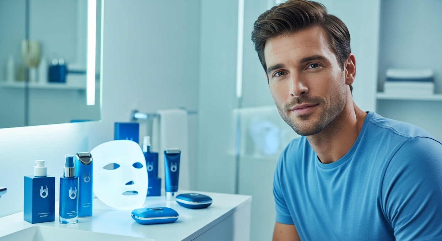 2026년 트렌드를 반영한, 자신감 넘치는 그루밍 남성의 모습. 깔끔한 욕실에서 최신 스킨케어 제품과 홈케어 디바이스를 활용해 피부 관리를 하는 장면. 건강하고 윤기 있는 피부가 돋보인다.
