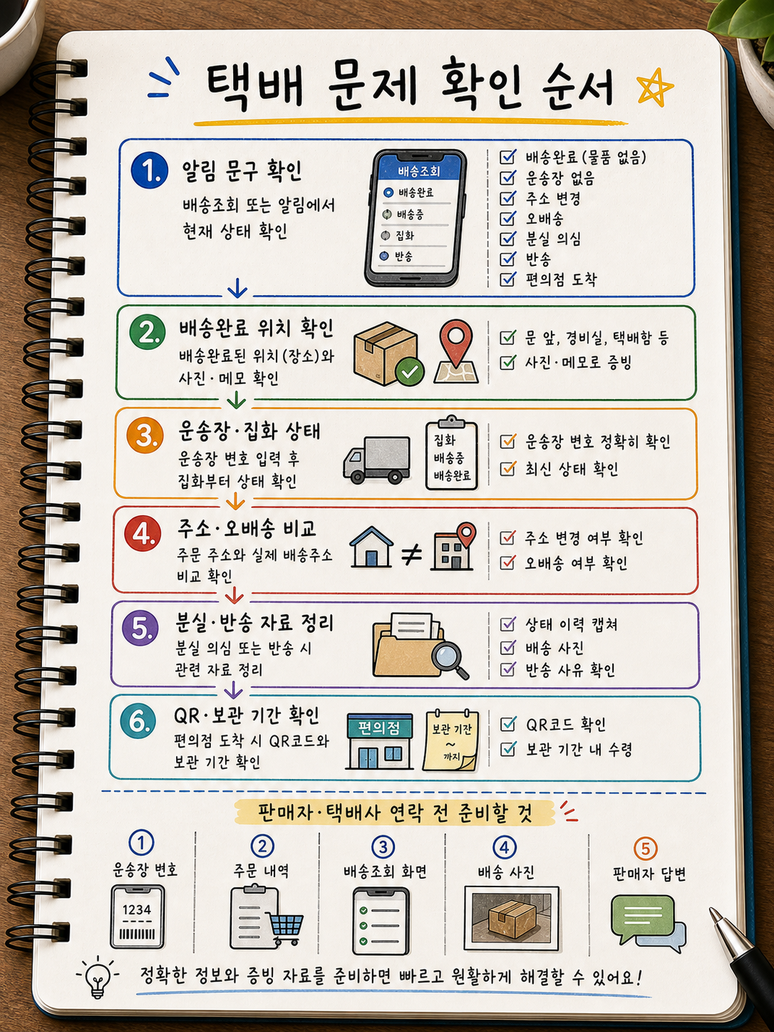 택배 문제 확인 순서를 알림 문구, 배송완료 위치, 운송장 집화 상태, 주소 오배송, 분실 반송 자료, QR 보관 기간 순서로 요약한 노트 이미지