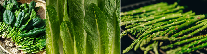 시금치, 로메인 상추, 아스파라거스