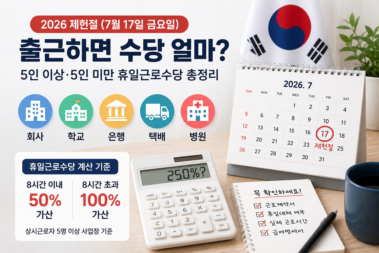 2026년 제헌절 출근 시 휴일근로수당 계산 기준과 5인 이상&middot;5인 미만 사업장 확인 사항을 정리한 이미지