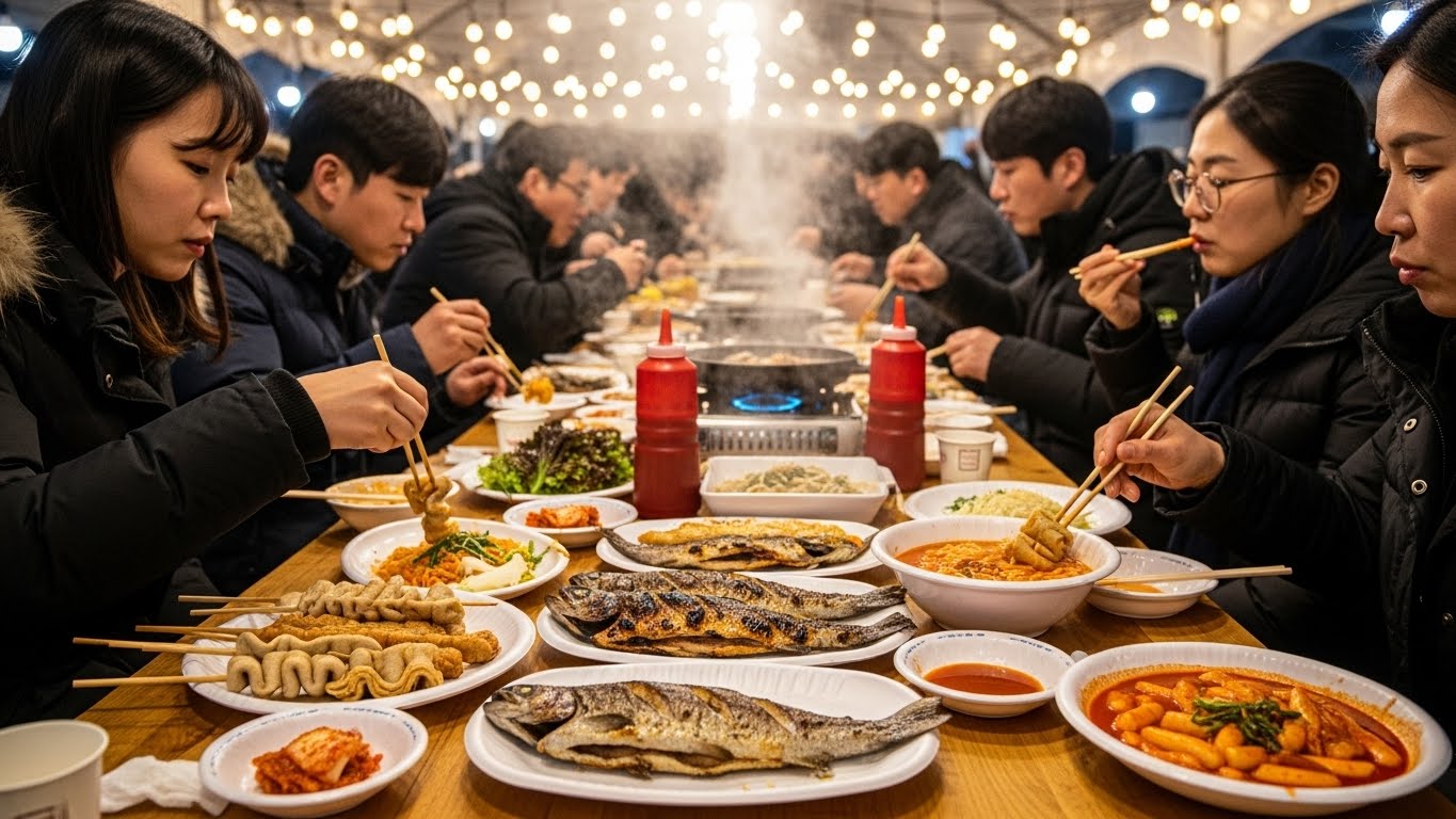 축제장 푸드코트에서 따뜻한 송어구이와 향토 음식을 즐기는 사람들.