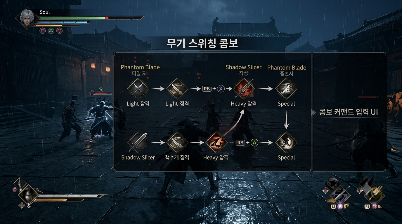 팬텀 블레이드 제로 무기 스위칭 콤보 커맨드 입력 UI 화면