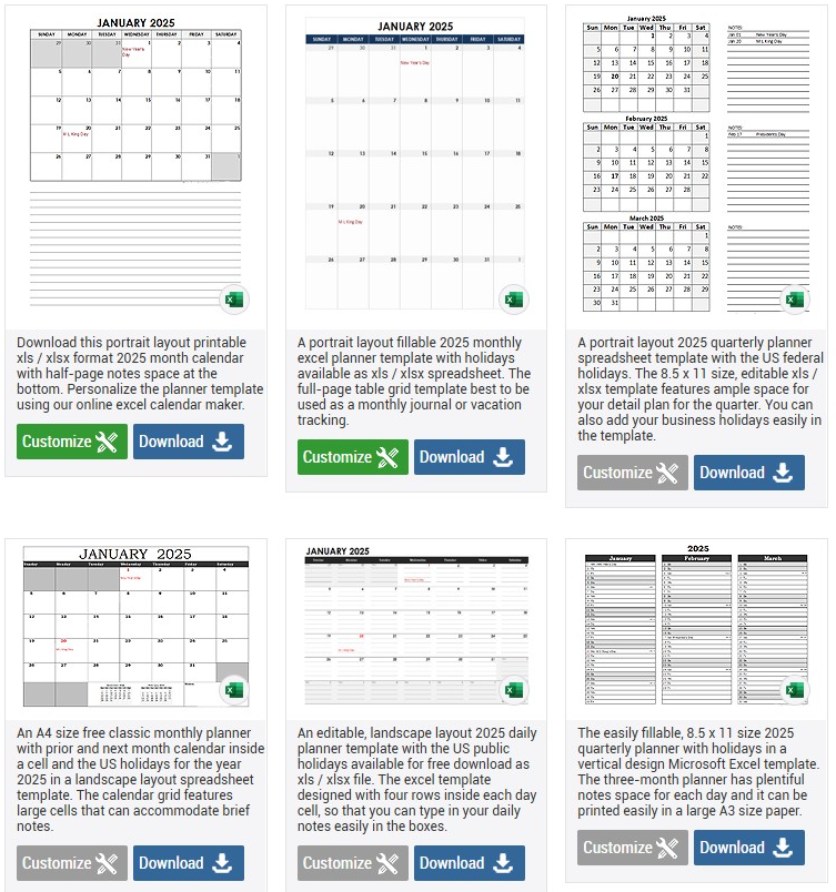 2025년 영문 엑셀 달력