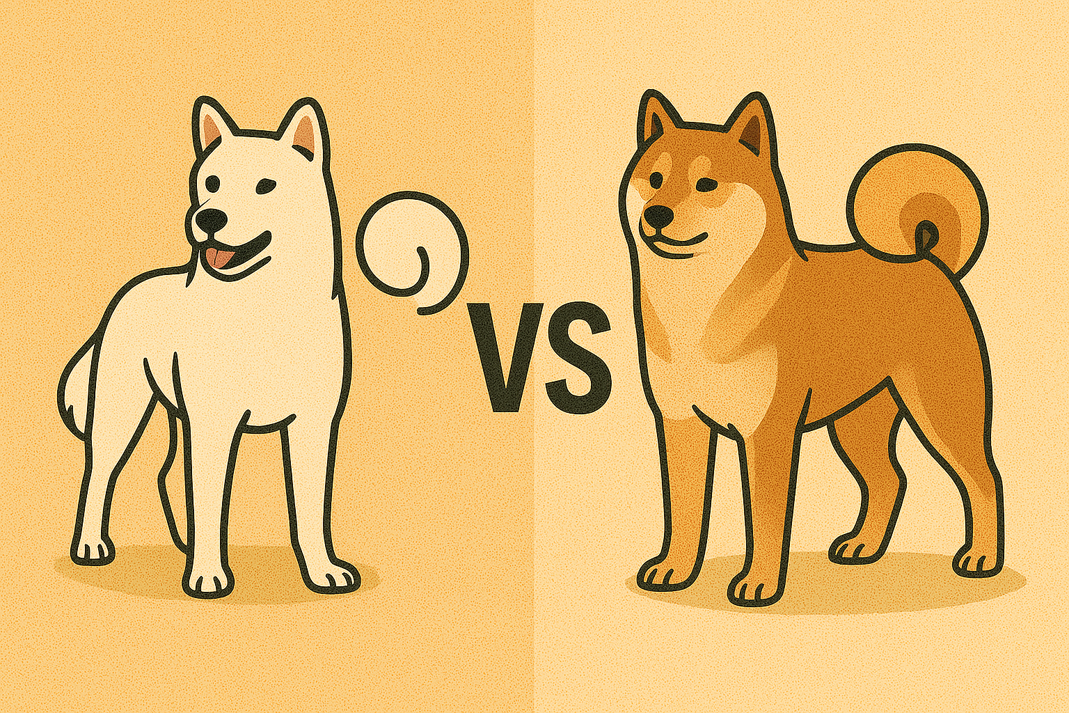 흰색 진돗개와 황색 풍산개가 서있고 가운데 VS 표시가 있는 그림