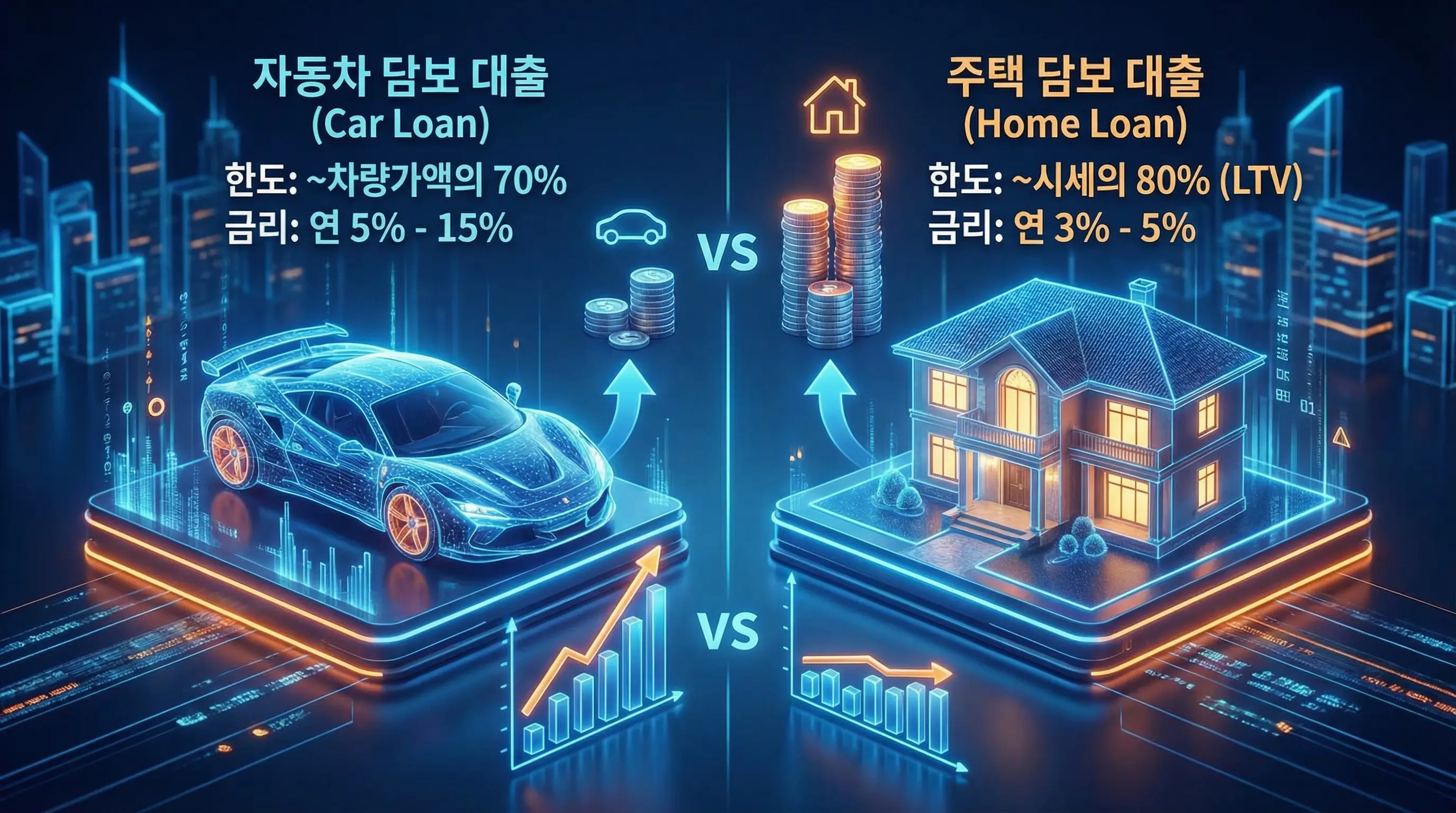 자동차 담보 대출과 주택 담보 대출의 한도와 금리를 비교하는 3D 인포그래픽