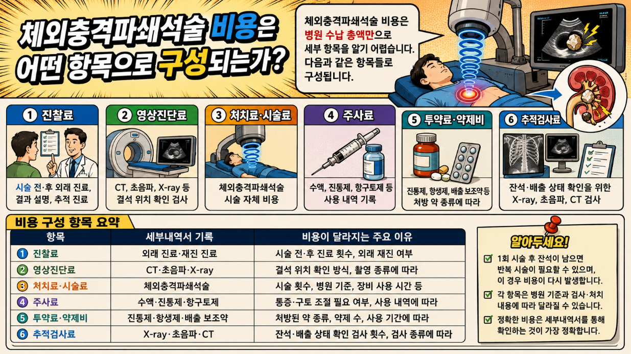 체외충격파쇄석술 비용이 진찰료, 영상진단료, 시술료, 주사료, 투약료, 추적검사료로 구성되는 과정을 설명한 옛날 만화 형식 의료 인포그래픽