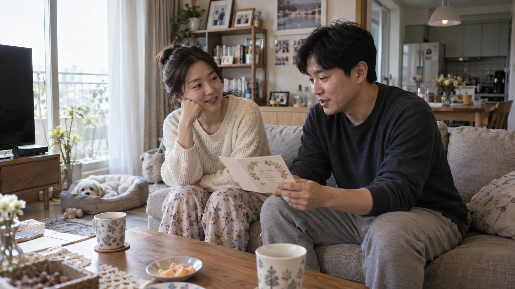 집 거실에서 뒤풀이 초대에 대해 이야기하는 부부