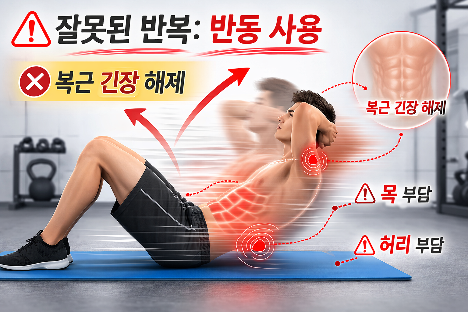 복근 운동 반동 사용 잘못된 반복 긴장 해제