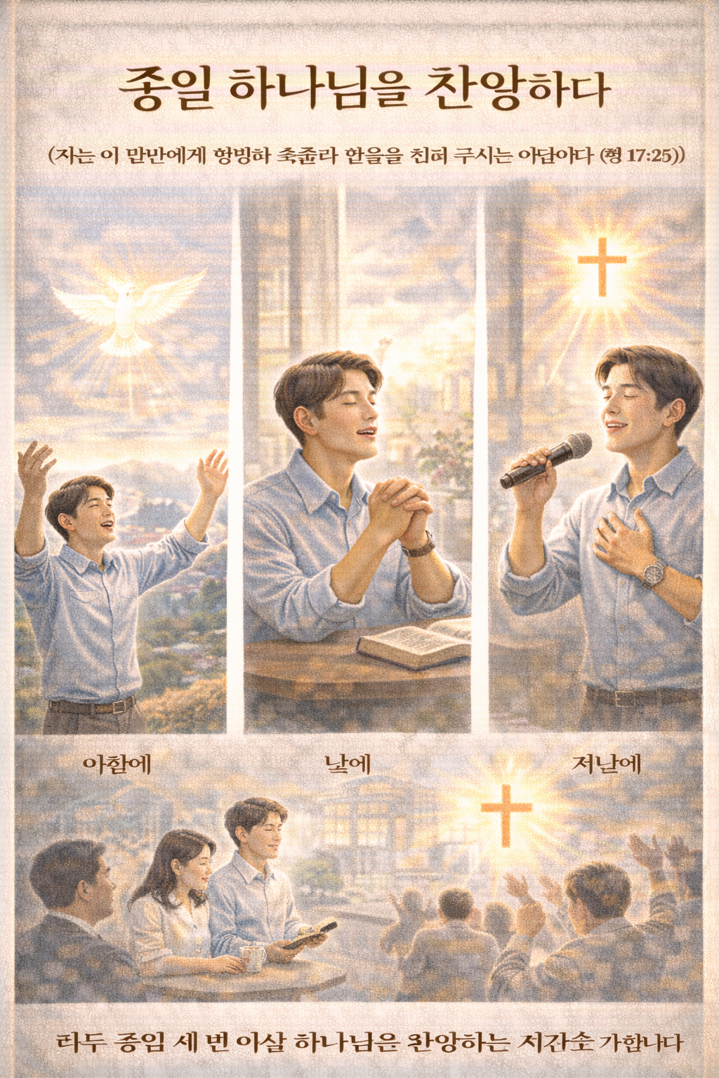 행 17:25 말씀을 보며&amp;#44; 하나님은 생명의 주관자가 되시고 사람의 어떤 도움도 필요없으신 유일하신 분이신 것으로 한번 더 찬양하게 되었으며&amp;#44; 종일 하나님을 찬양하는 시간을 3회 이상 가지는 모습입니다.