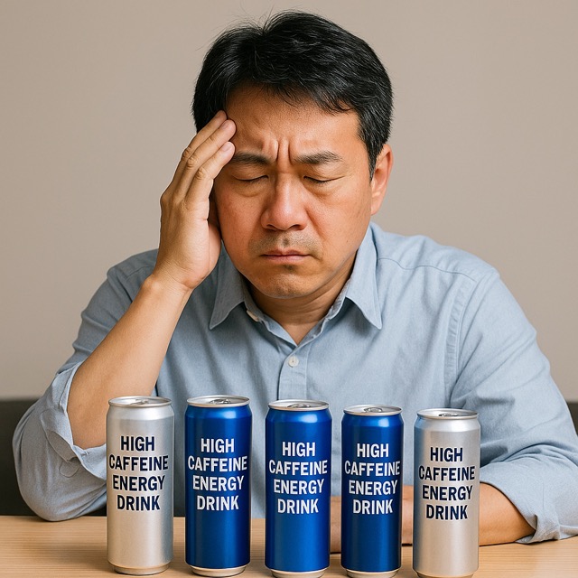 고카페인 음료응 먹고 두통을 호소하는 중년 남성(출처: 자체제작)