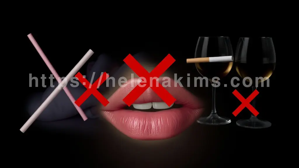 어둡고 차분한 톤의 배경 위에 섬세하게 표현된 입술의 클로즈업. 입술 주변으로 빨대, 엎드려 자는 사람의 희미한 실루엣, 담배 한 개비, 그리고 와인 잔이 각각 상징적으로 배치된 모습.