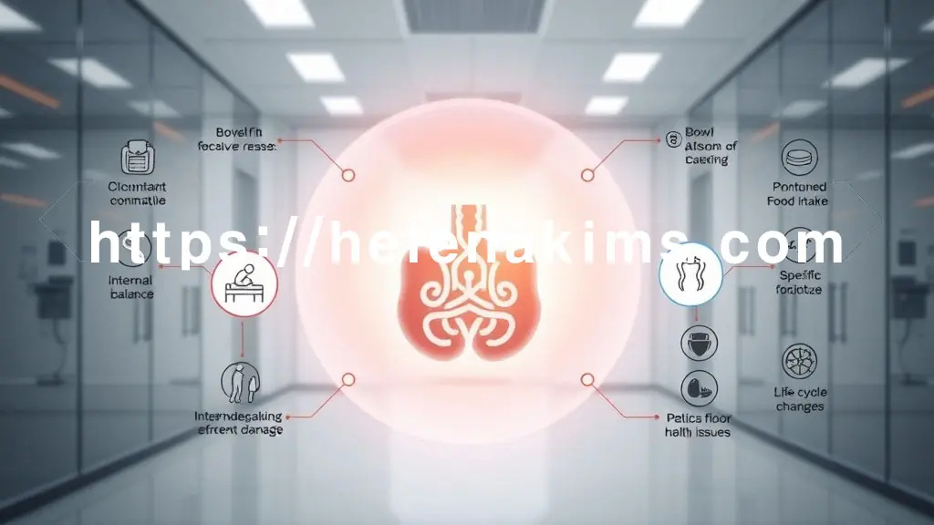 깔끔한 연구실 같은 배경에, 인체 하복부 건강의 복잡한 연결을 상징하는 추상적인 중앙 구조물이 빛난다. 이 구조물 주변으로 불편감, 균형 상실, 내부 손상을 나타내는 아이콘들의 그래픽 이미지.