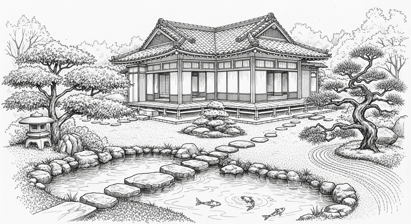 군산 신흥동의 평화로운 일본식 가옥과 정원 풍경