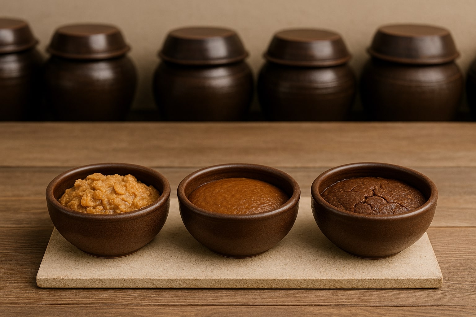 숙성 단계별 된장이 나란히 담긴 항아리 모습