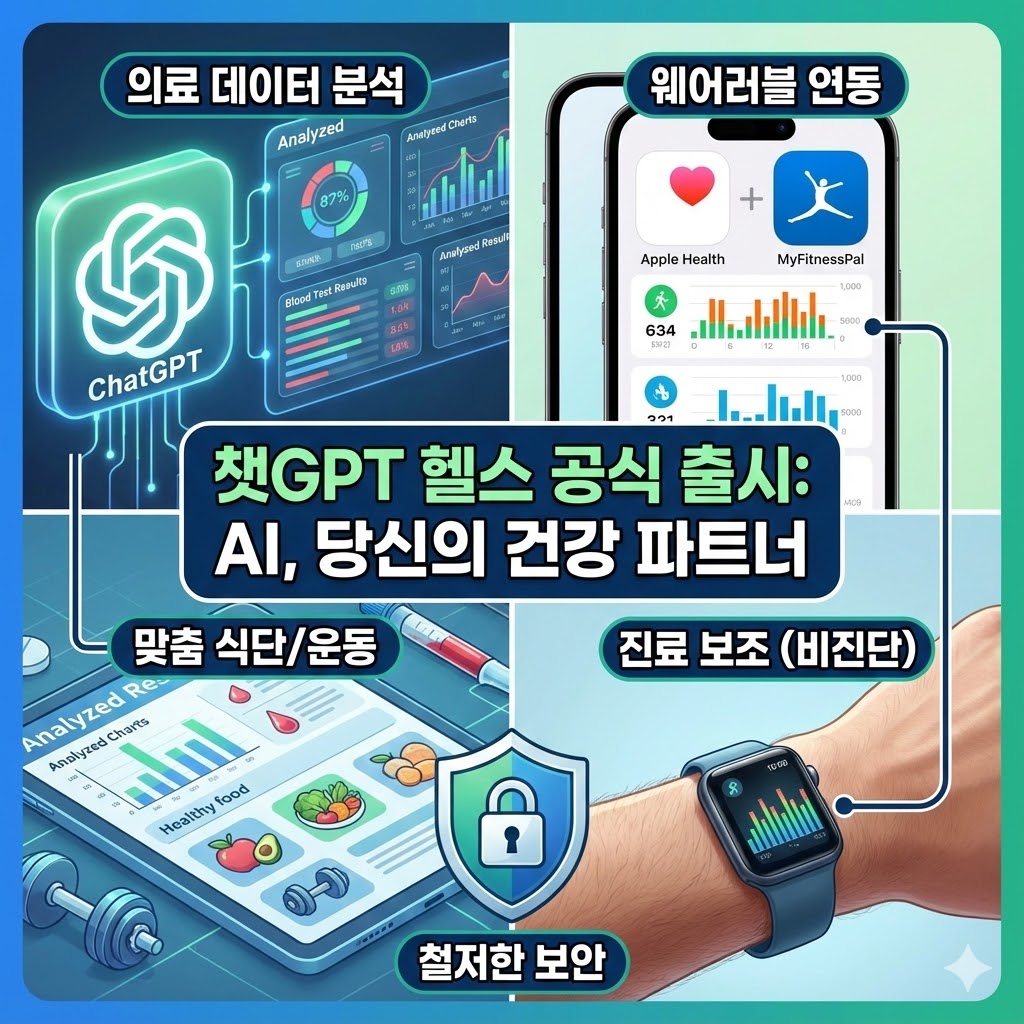 오픈AI의 챗GPT 헬스 출시 소식과 건강 데이터 분석, 웨어러블 기기 연동 및 개인정보 보호 특징을 요약한 썸네일 이미지