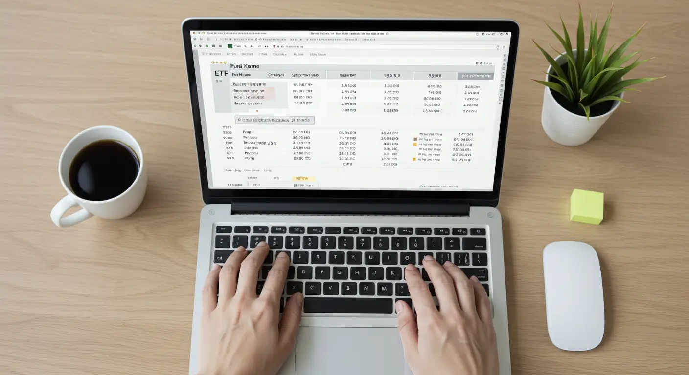 노트북으로 여러 ETF 상품의 총보수와 수익률을 비교하고 있는 투자자