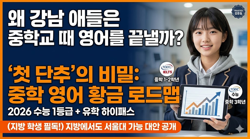 교복을 입은 여학생이 상승 곡선이 그려진 태블릿을 들고 미소 짓고 있는 모습. 배경에는 '왜 강남 애들은 중학교 때 영어를 끝낼까?'라는 문구와 함께 '중학 영어 황금 로드맵', '2026 수능 1등급 + 유학 하이패스', '지방 학생 필독' 등의 텍스트가 강조된 교육 정보 블로그 썸네일.